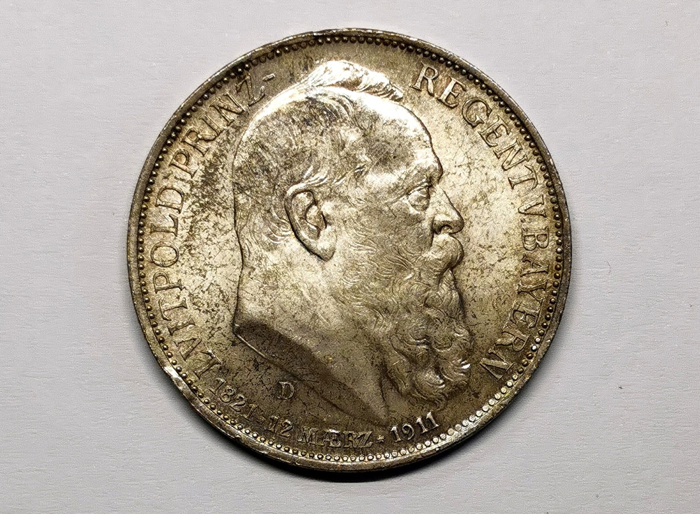 凡希万国世界钱币年度大拍第二季 1911年德国巴伐利亚利奥波德摄政王逝世纪念3马克