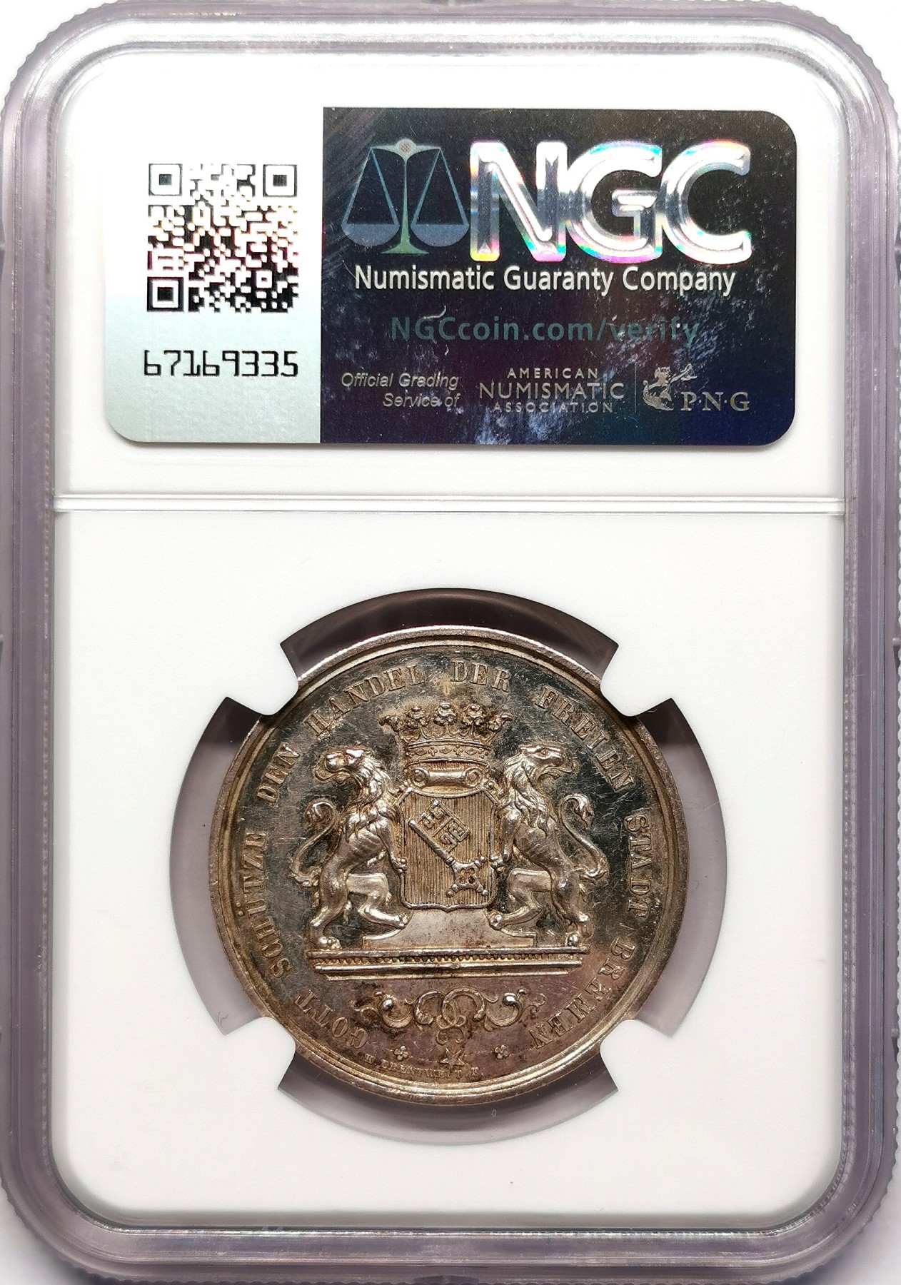 凡希万国世界钱币年度大拍第二季 NGC MS61 1864年德国不莱梅新证券交易大楼落成高浮雕纪念银章 与交易所泰勒同期发型数量远少于泰勒 配对必备
