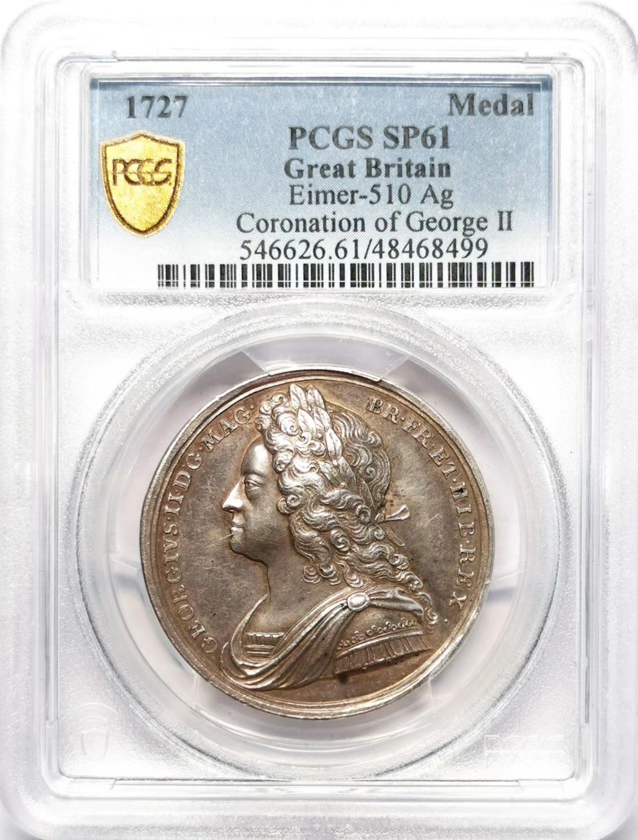 凡希万国世界钱币年度大拍第二季 PCGS SP61 1727年英国大不列颠国王乔治二世加冕纪念银章 金彩高浮雕细节舒适