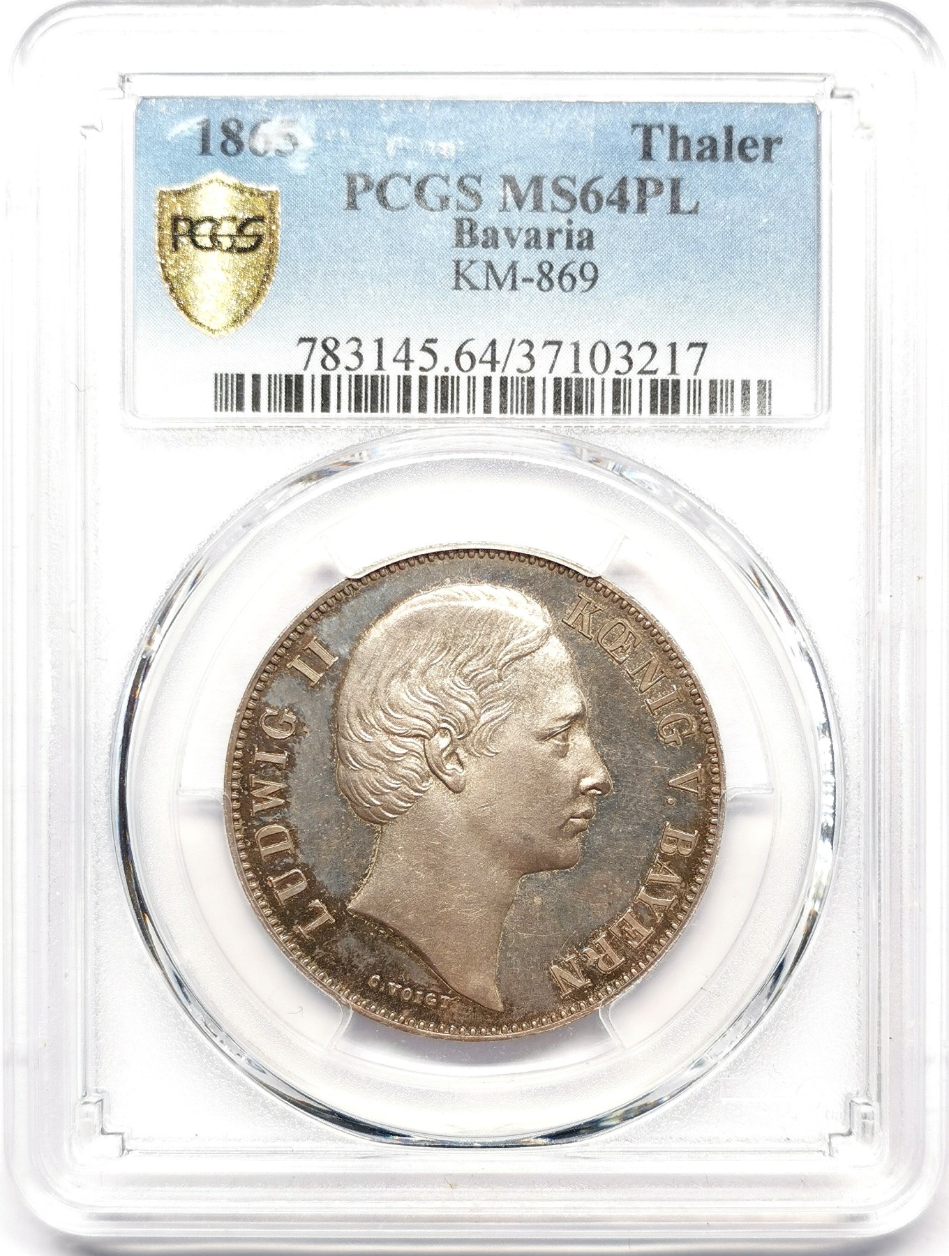 凡希万国世界钱币年度大拍第二季 PCGS MS64PL 1865年德国法巴利亚路德维希二世双狮流通1泰勒 唯一冠军分类镜面精致五彩 高点人像与盾徽的喷砂感与如镜子般的底板形成极致反差 近200年形成的五彩斑斓如星星般点缀在正反币面的浮雕与字体之间 此枚难度与稀少程度在联合泰勒中都占有重要的一席之地