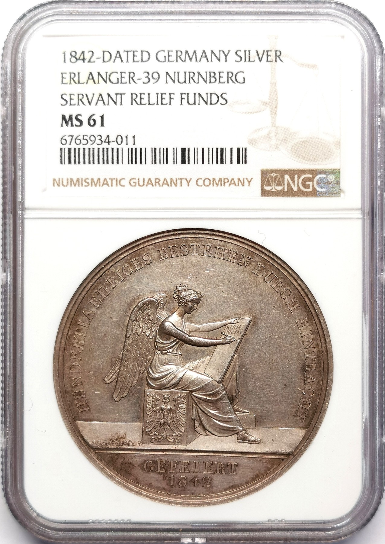 凡希万国世界钱币年度大拍第二季 NGC MS61 1842年德国纽伦堡行政公务员辅助基金百年纪念大银章 44MM 29G 稀少