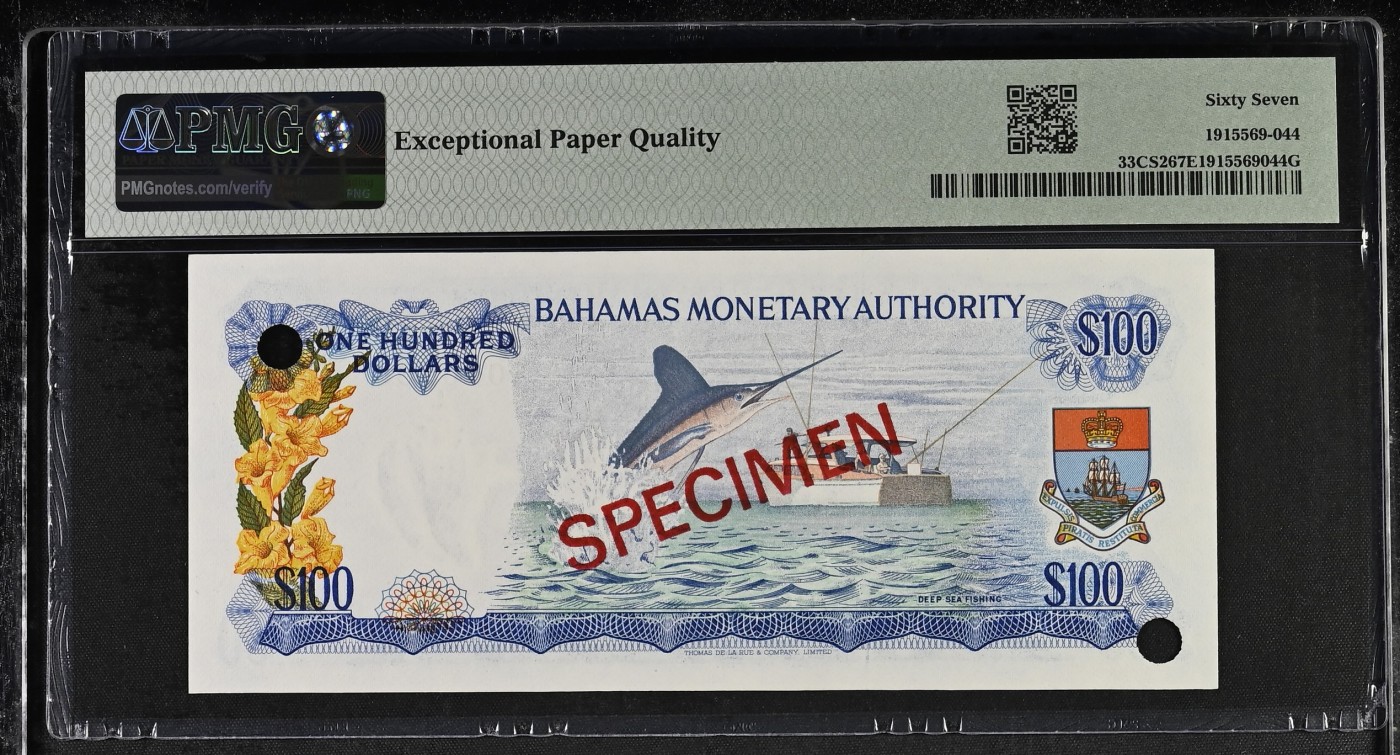 收藏联盟Quantum Auction 第315期拍卖  巴哈马1968年100元样票 PMG67 德纳罗彩背