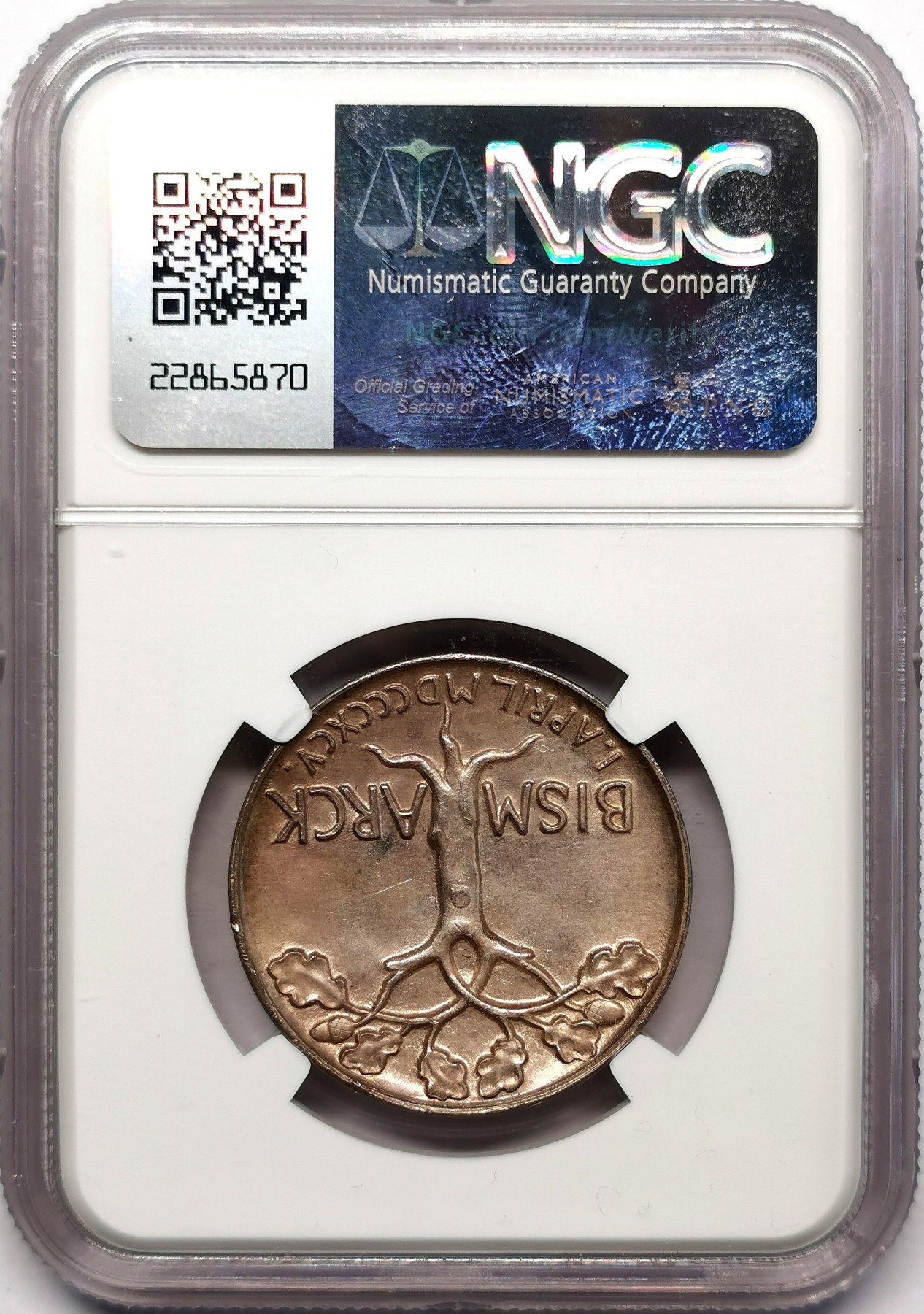 凡希万国世界钱币年度大拍第二季 NGC MS62 1895年德国前首相帝国的脊梁俾斯麦戎装高浮雕80大寿橡树祝寿纪念银章 