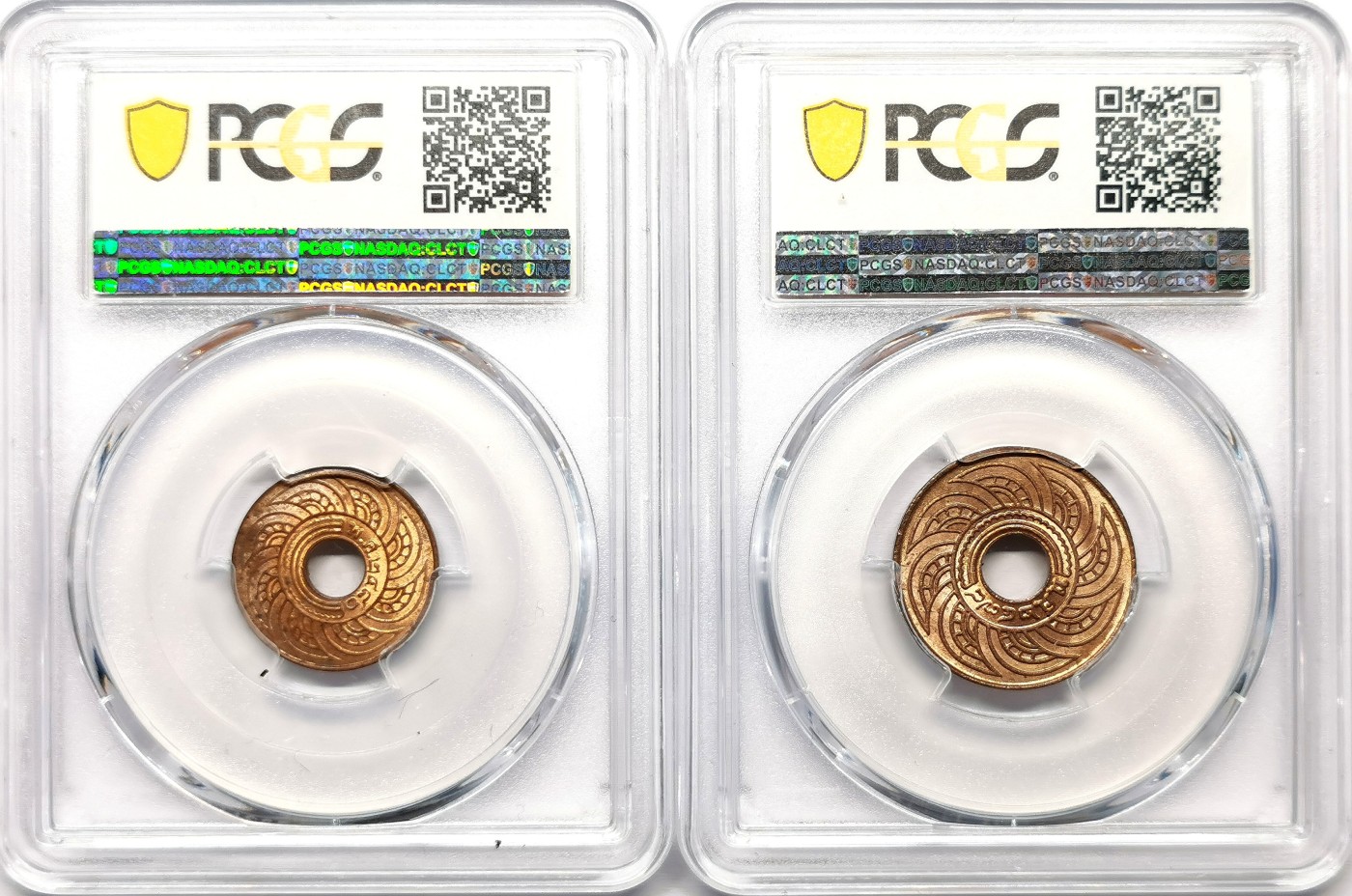 凡希万国世界钱币年度大拍第二季 PCGS MS63/65RB 1935/37泰国1/2萨当1萨当铜币一对 原光品！