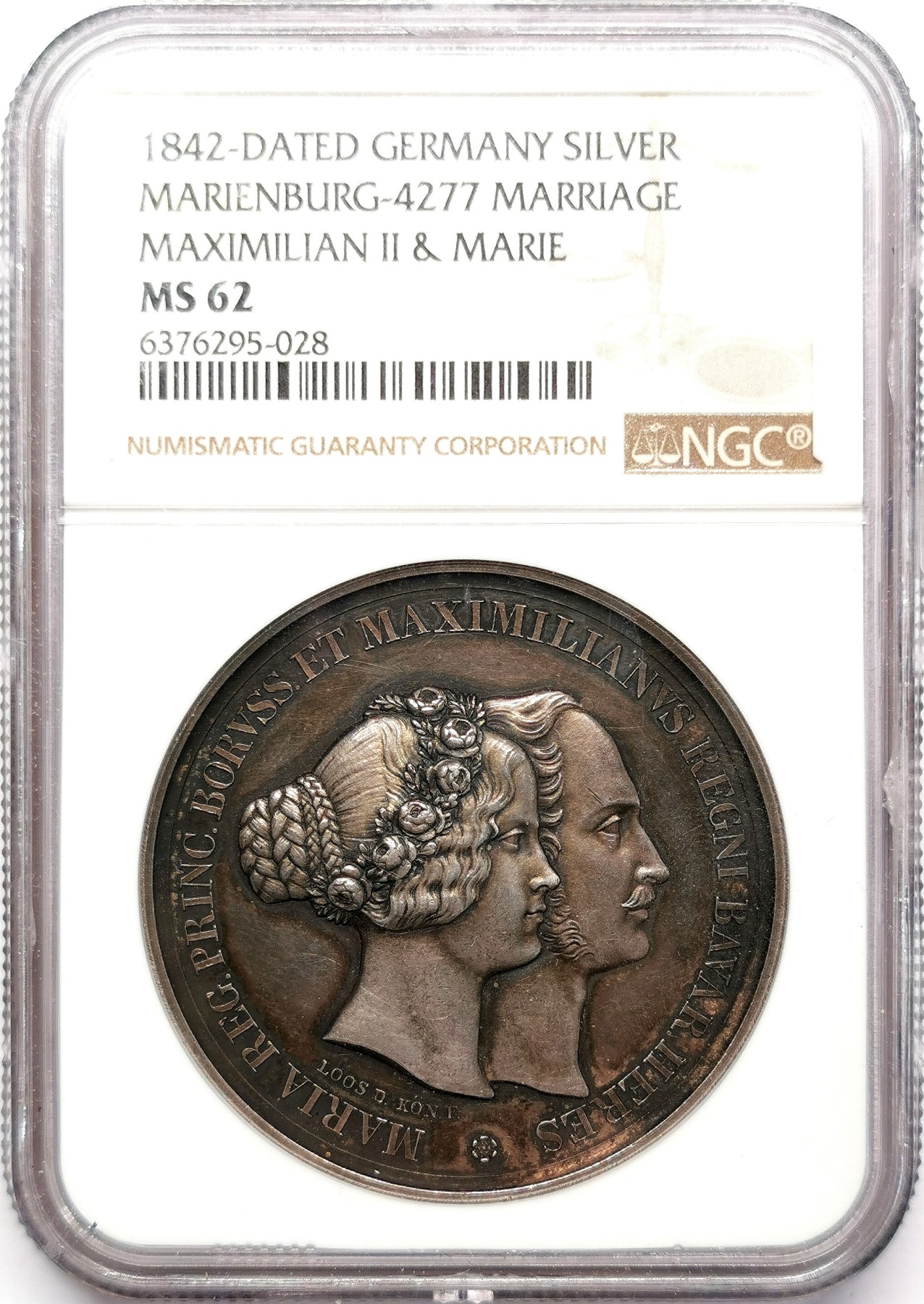 凡希万国世界钱币年度大拍第二季 NGC MS62 1842年德国巴伐利亚皇太子日后的马克西米利安二世大婚纪念大银章 原味高浮雕 婚章纪念名誉品种 