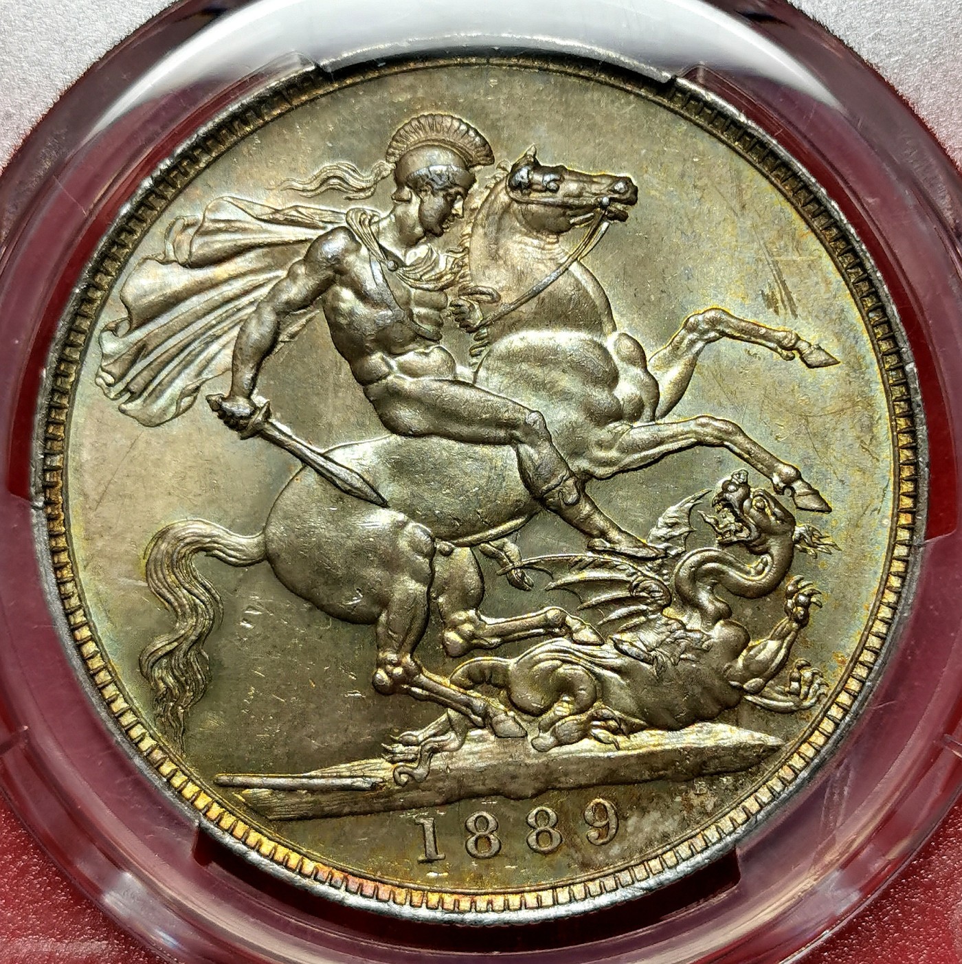 凡希万国世界钱币年度大拍第二季 PCGS MS63 1889年英国维多利亚马剑1克朗 双面幻彩