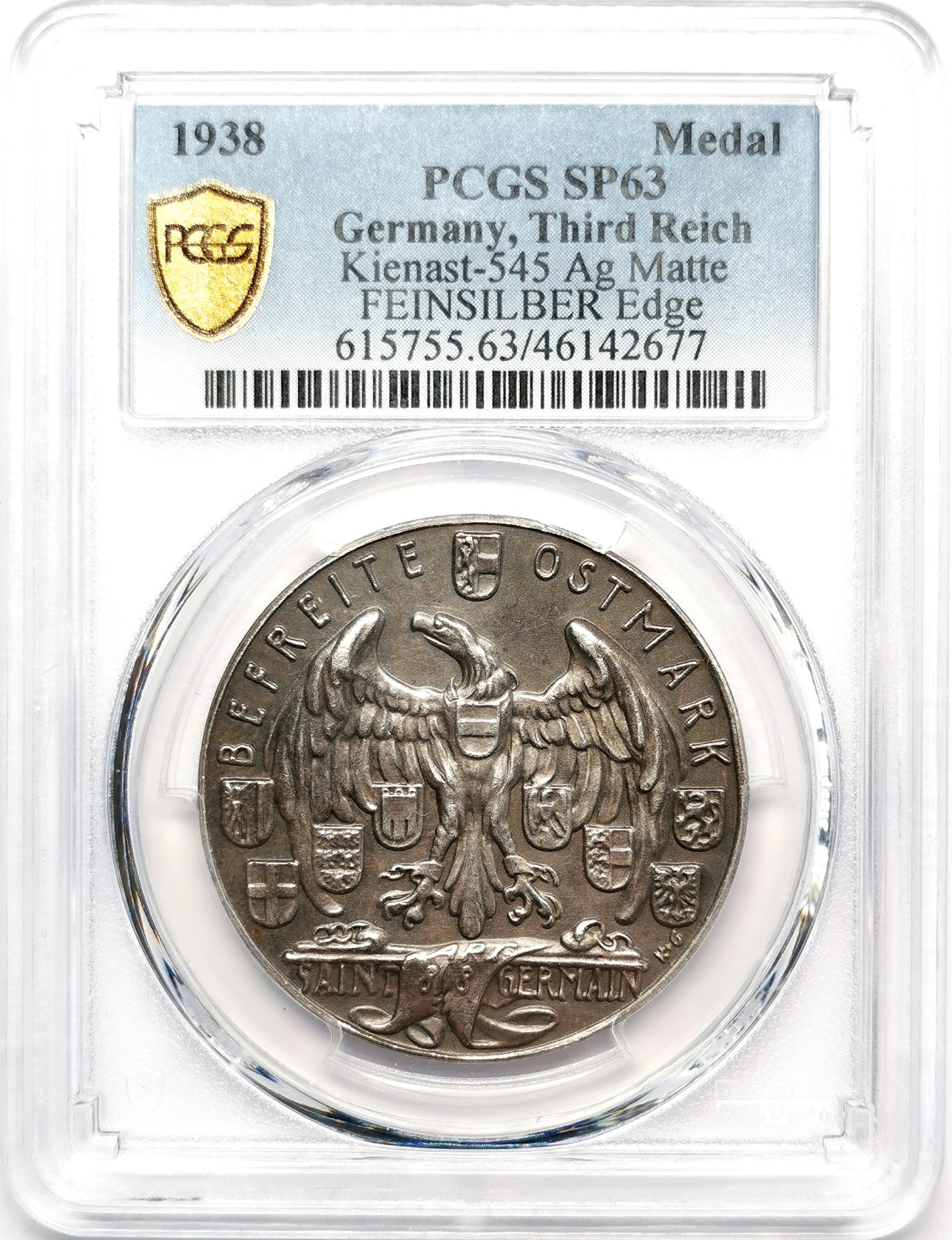 凡希万国世界钱币年度大拍第二季 PCGS SP63 1938年德三帝国吞并奥地利纪念银章 卡尔哥茨作品