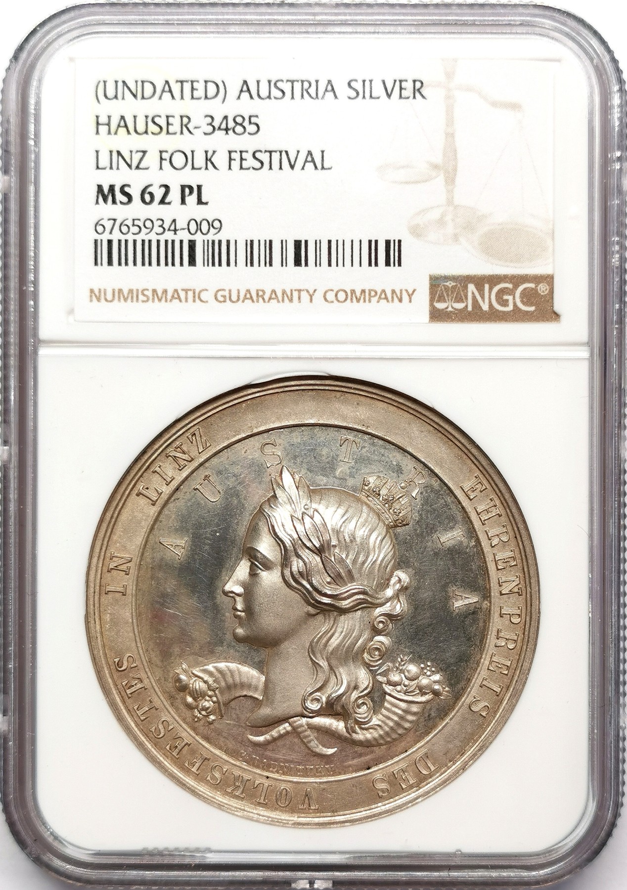 凡希万国世界钱币年度大拍第二季 NGC MS62PL 19世纪奥地利林茨民俗节纪念章，极致的超高镜面浮雕初模，尺寸大，女神美。