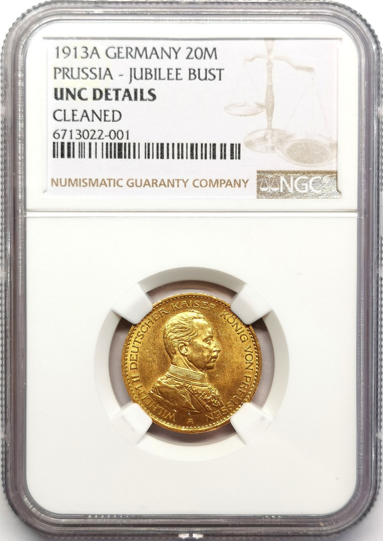 凡希万国世界钱币年度大拍第二季 1913德国威廉二世军装20马克金币NGC-UNCD 7.965g 900金