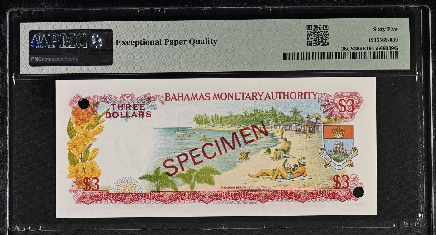 收藏联盟Quantum Auction 第315期拍卖  巴哈马1968年3元样票 PMG65 德纳罗彩背