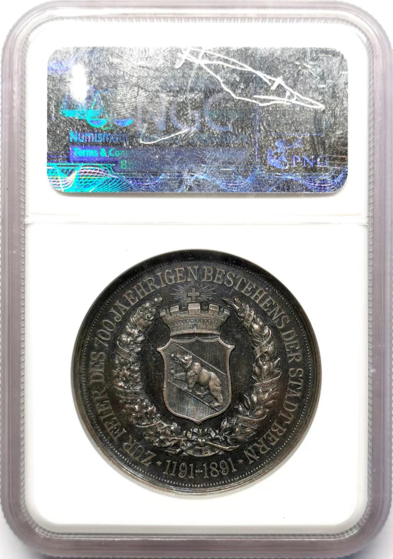 凡希万国世界钱币年度大拍第二季 NGC MS62 1891年瑞士伯尔尼建城700周年纪念银章 高浮雕孔雀蓝著名的鸡蛋头精美！