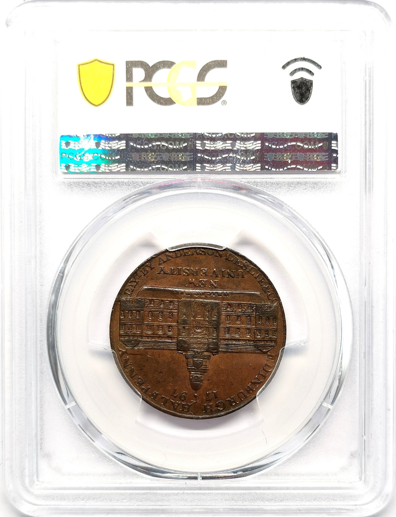 凡希万国世界钱币年度大拍第二季 PCGS MS63BN 1797苏格兰爱丁堡新校舍1/2便士铜代币 稀见品种！