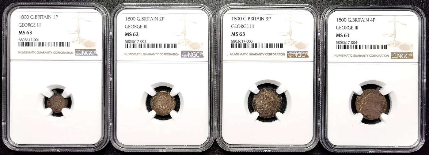 凡希万国世界钱币年度大拍第二季 NGC MS62-63 1800年英国乔三濯足币四枚全套 一色酱彩！