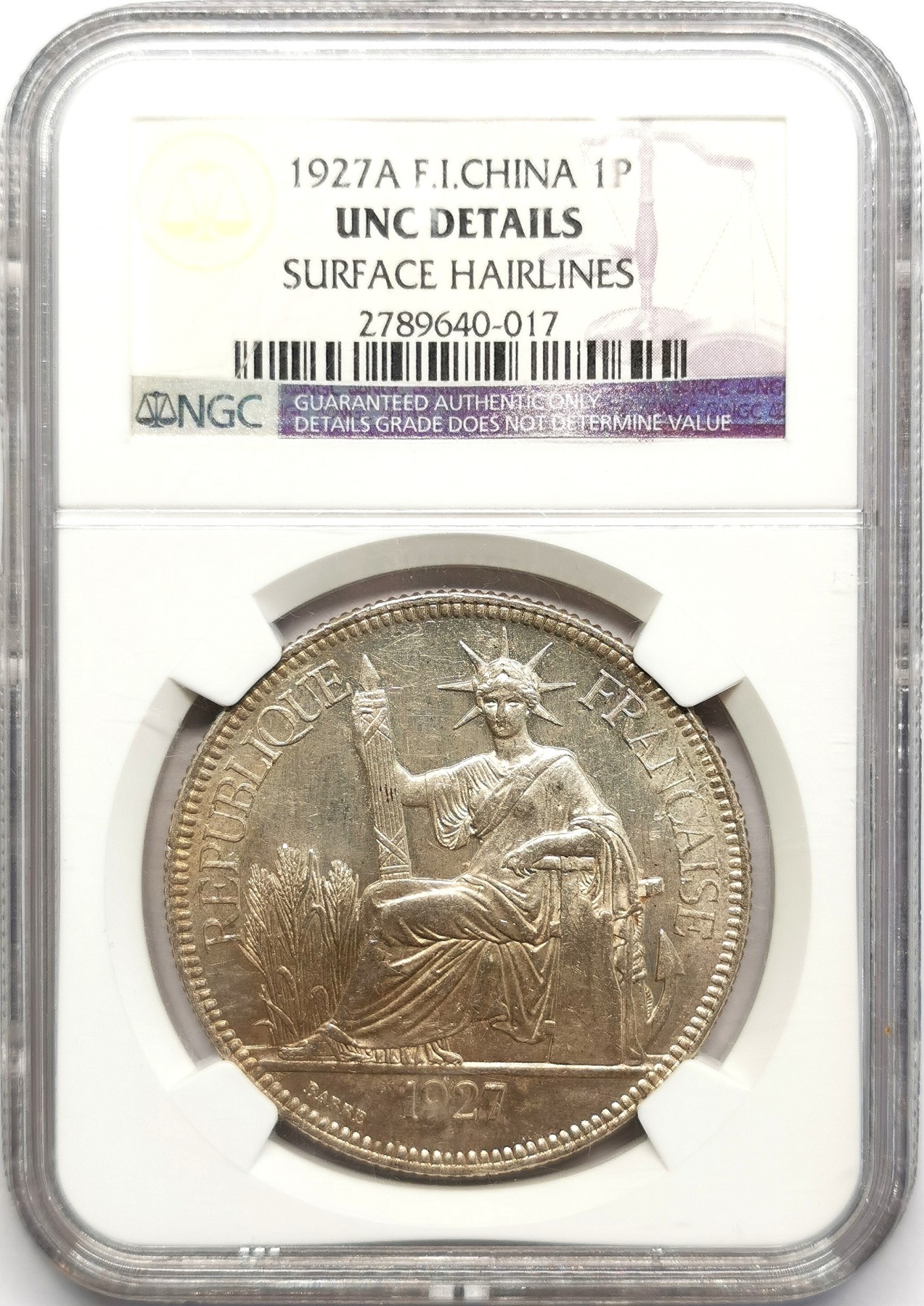 凡希万国世界钱币年度大拍第二季 NGC UNCD 1927法属印支1皮阿斯特大银币 五官细节好 轻微丝痕