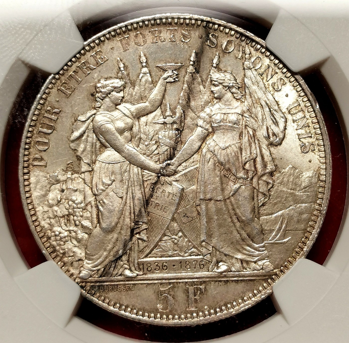 凡希万国世界钱币年度大拍第二季 荐！NGC MS63 1876瑞士卢塞恩城市景观5法郎大银 质感极佳的一枚！