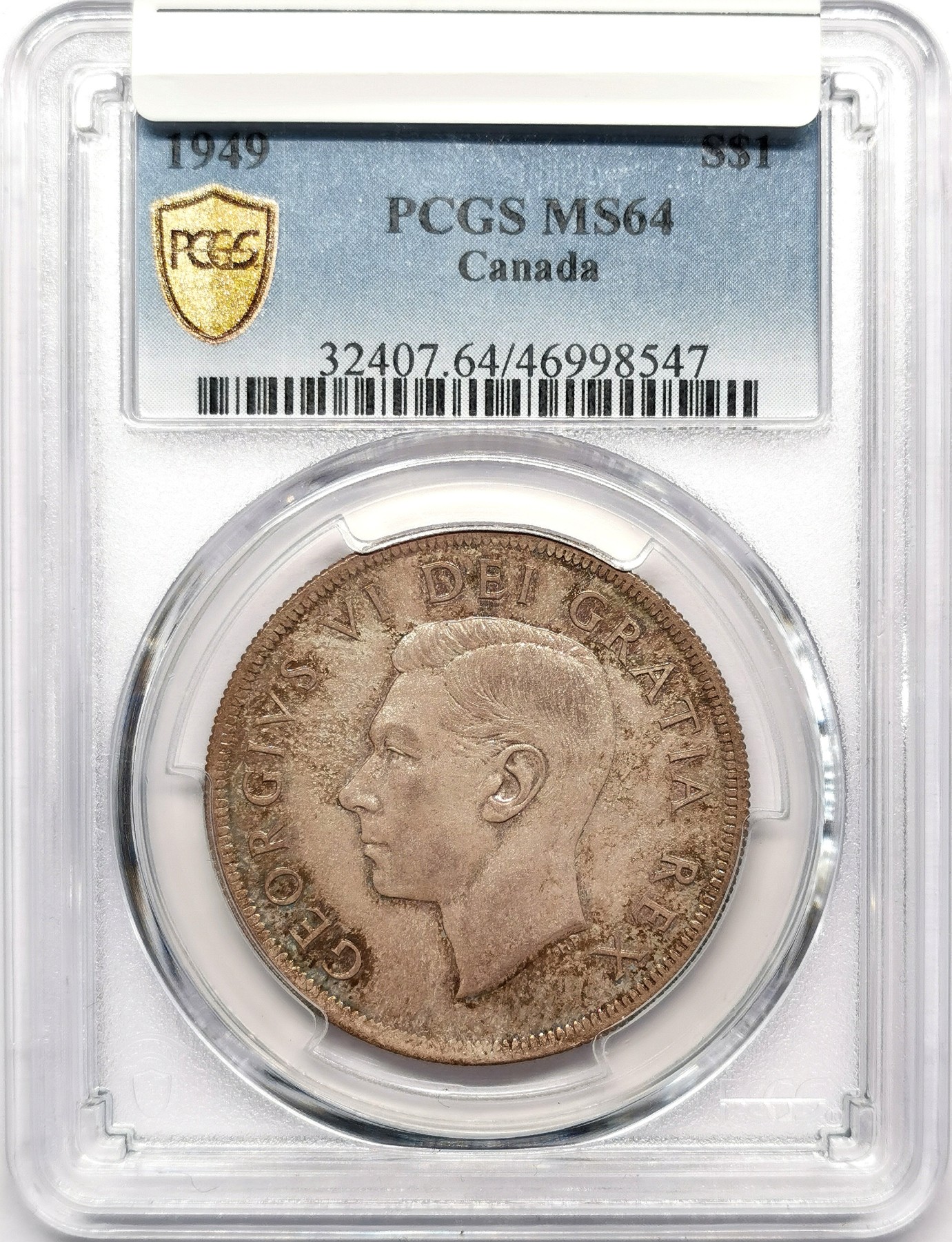 凡希万国世界钱币年度大拍第二季 PCGS MS64 1949加拿大乔六壹元纪念银币淡色紫金彩！