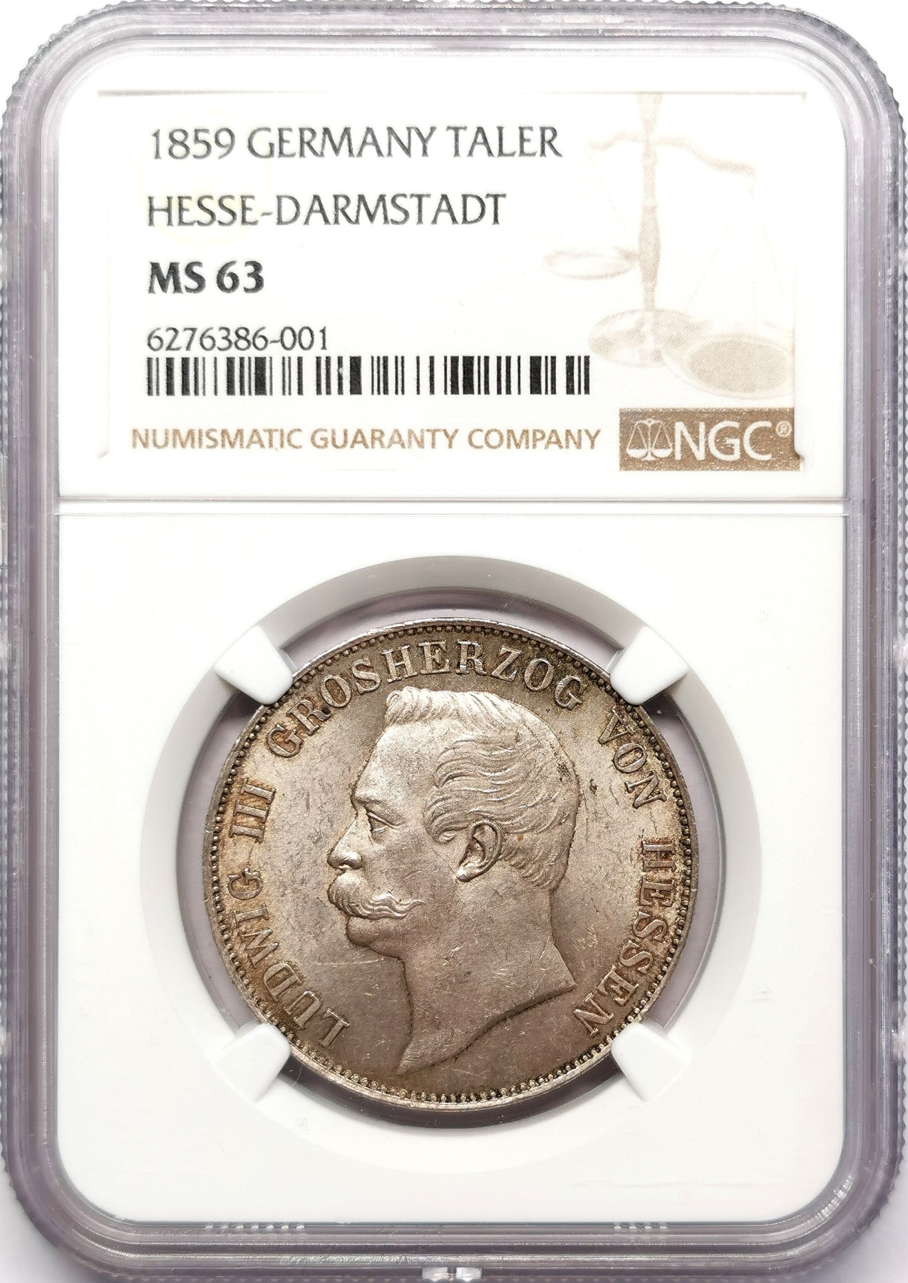 凡希万国世界钱币年度大拍第二季 NGC MS63 1859年德国黑森-达姆施塔特双狮流通1泰勒 黄油十字转光 高点非常出色 