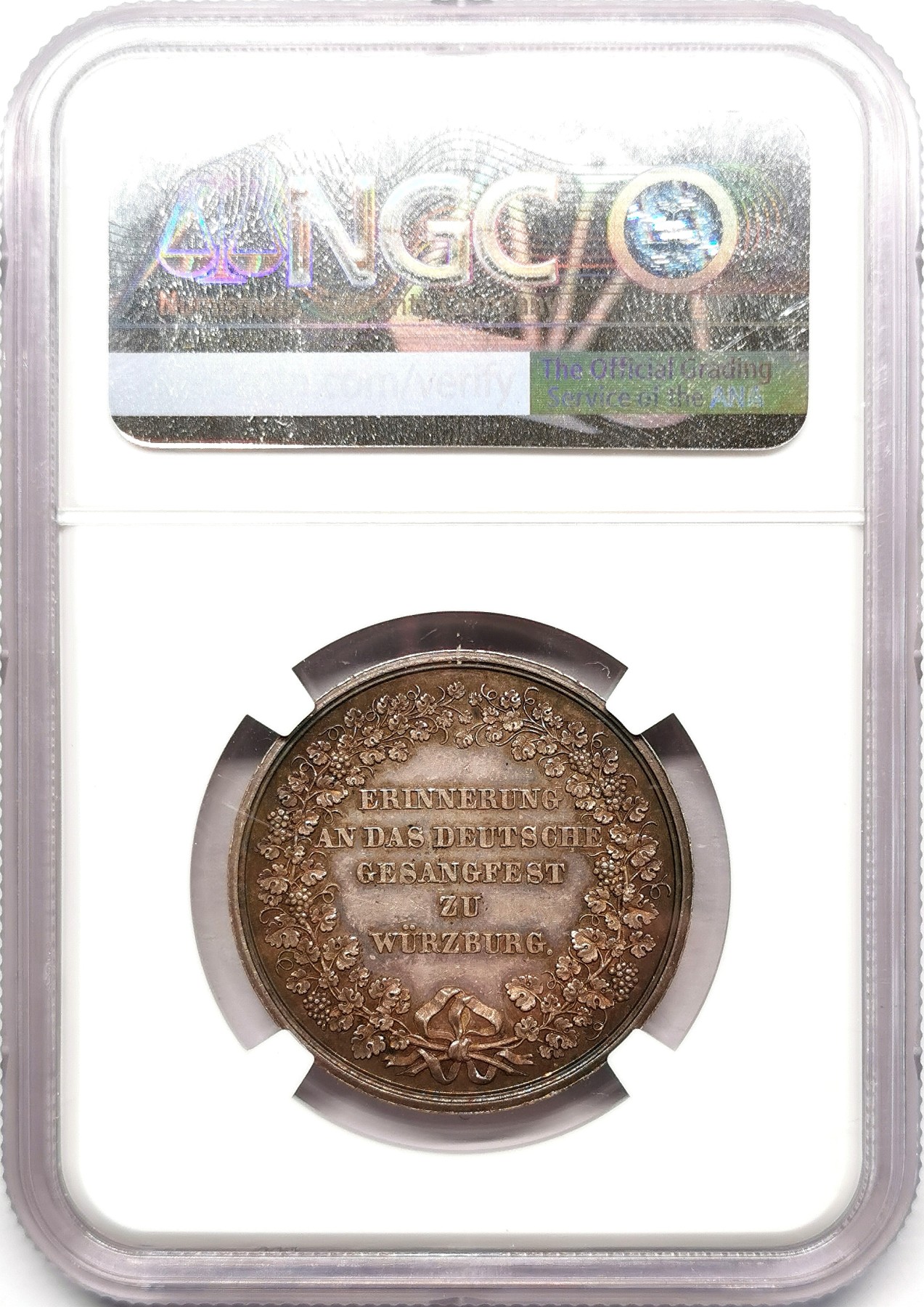 凡希万国世界钱币年度大拍第二季 NGC MS61 1845年德国维尔茨堡格-桑格费斯特音乐节 女神格式塔向歌神致敬 重五彩30MM
