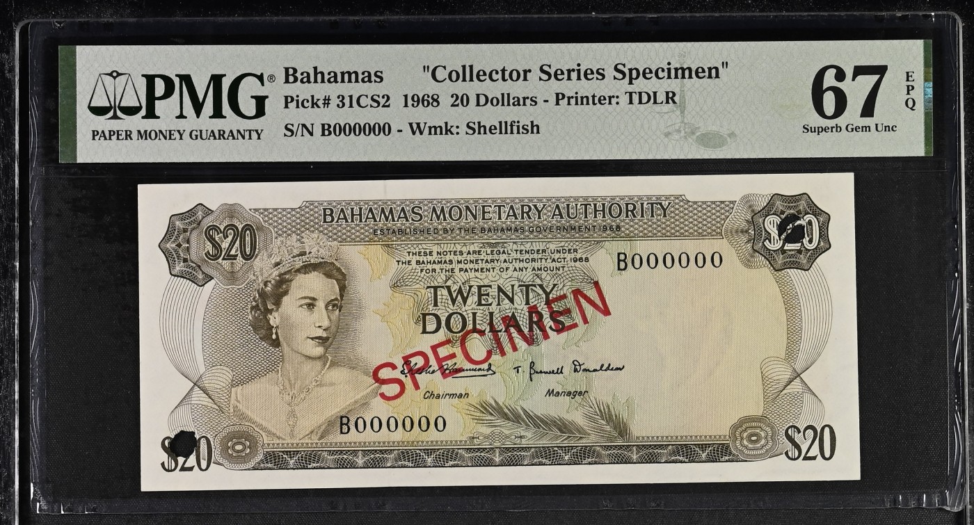 收藏联盟Quantum Auction 第315期拍卖  巴哈马1968年20元样票 PMG67 德纳罗彩背