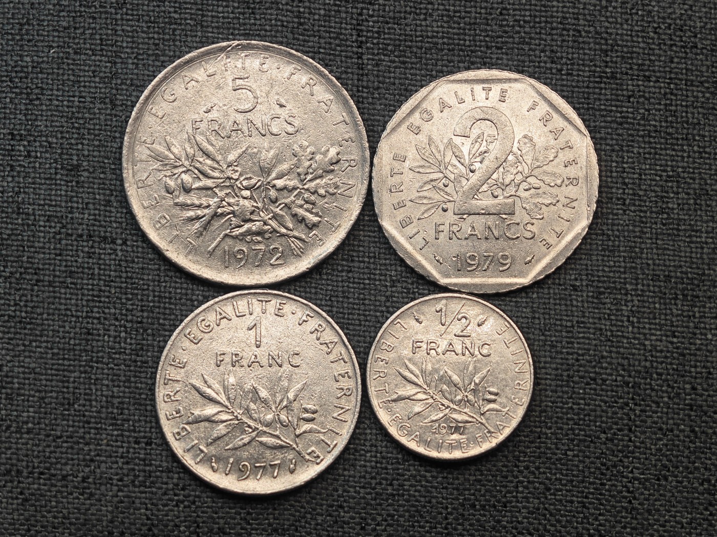 外国硬币收藏店第6期 法国70年代播种女神5、2、1、1/2法郎一套4枚
