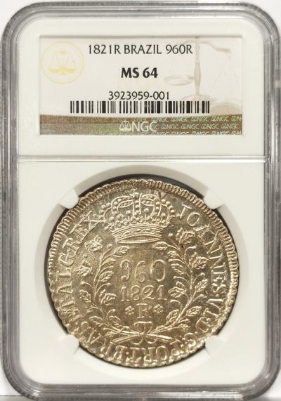 博洋堂美国及美洲钱币专场拍卖暨第119期（全场包邮） - NGC MS64 葡属巴西1821年R版960R大银币，所见深打最佳，加盖在西属卡四双柱上，皇冠上方能清晰看到“IV”