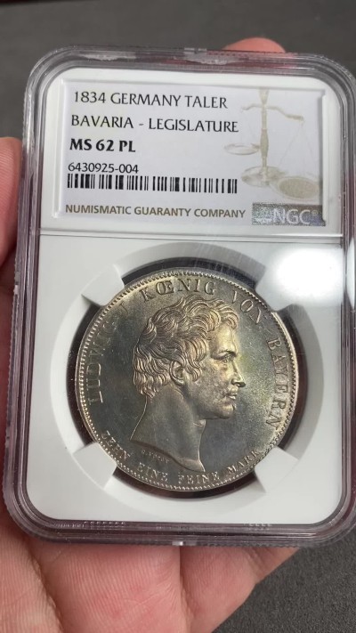 凡希万国世界钱币年度大拍第二季 NGC MS62PL 1834年德国巴伐利亚路德维希一世纪念历史学家大泰勒 类精致镜面淡金彩 亚军分