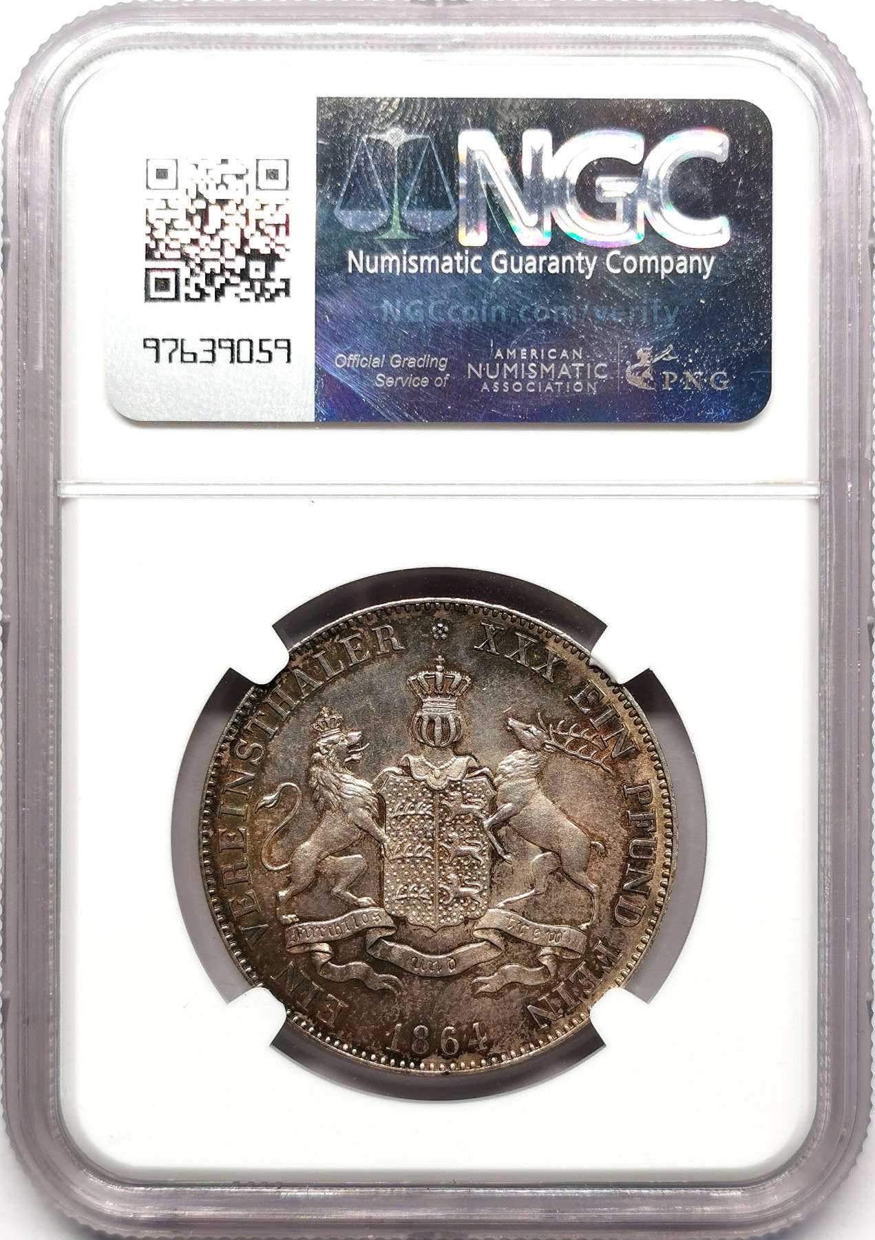 凡希万国世界钱币年度大拍第二季 荐！NGC MS63 1864年德国符腾堡经典狮鹿盾徽流通1泰勒 完美蓝金彩 符腾堡泰勒流通充分 好品极少 原味高分带彩的绝对是一枚难求