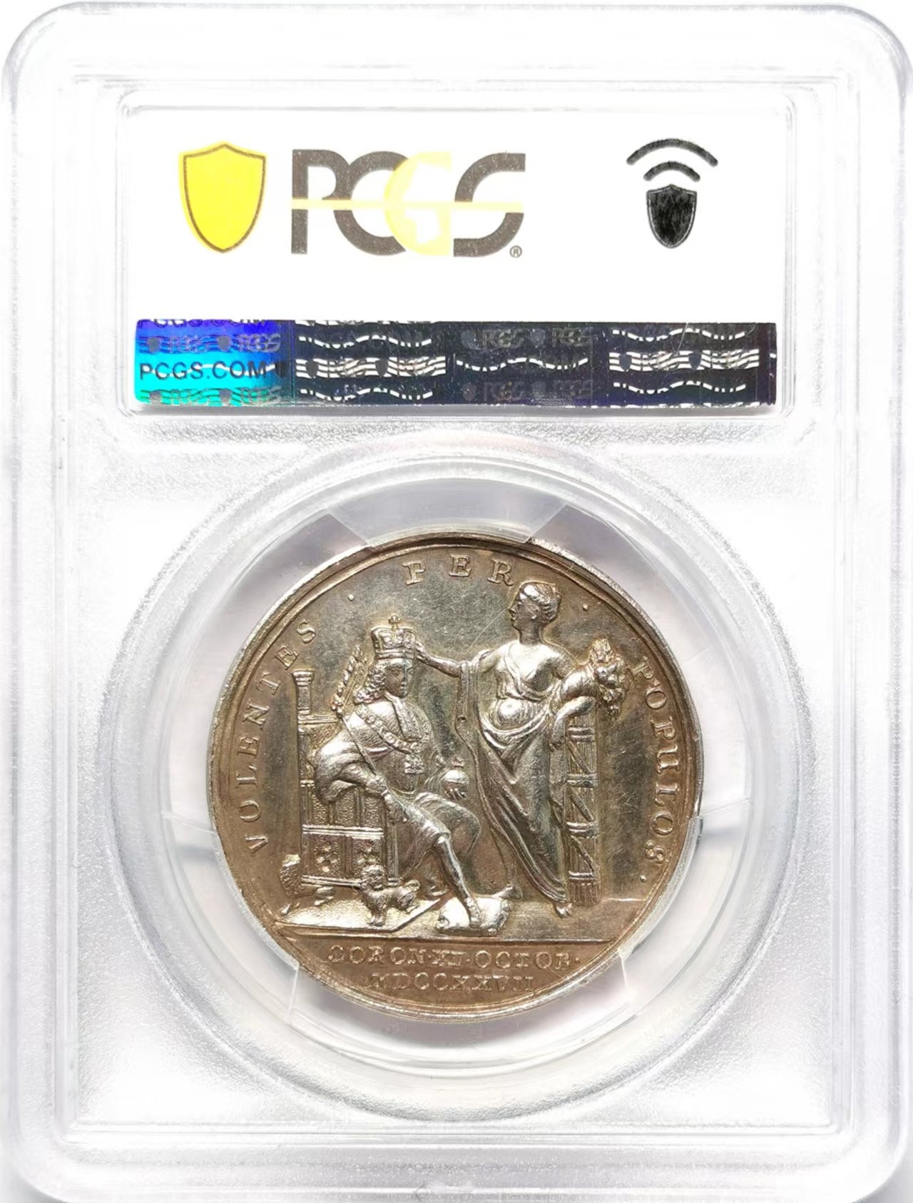 凡希万国世界钱币年度大拍第二季 PCGS SP61 1727年英国大不列颠国王乔治二世加冕纪念银章 金彩高浮雕细节舒适