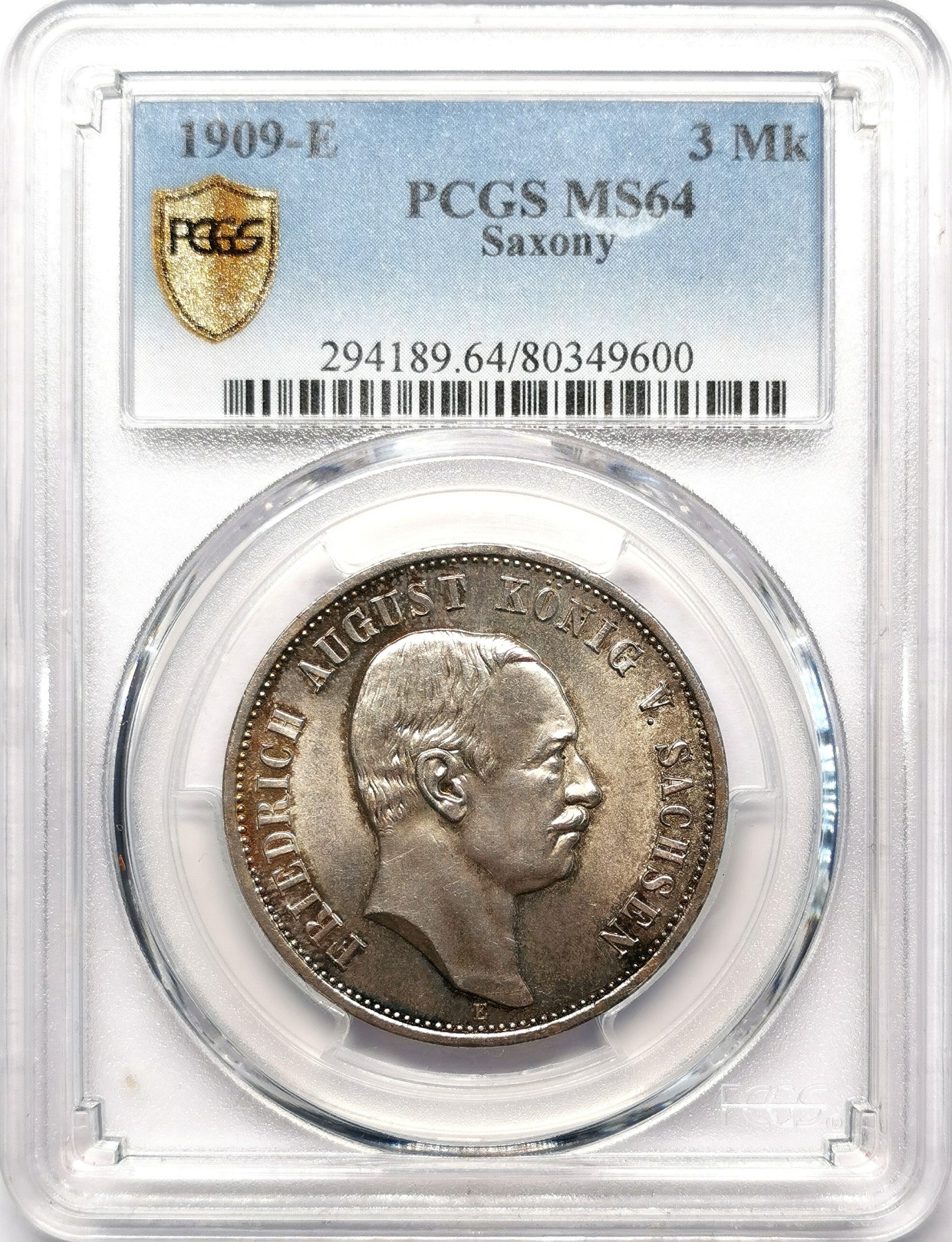 凡希万国世界钱币年度大拍第二季 PCGS MS64 1909年德国萨克森流通3马克 高分十字转光
