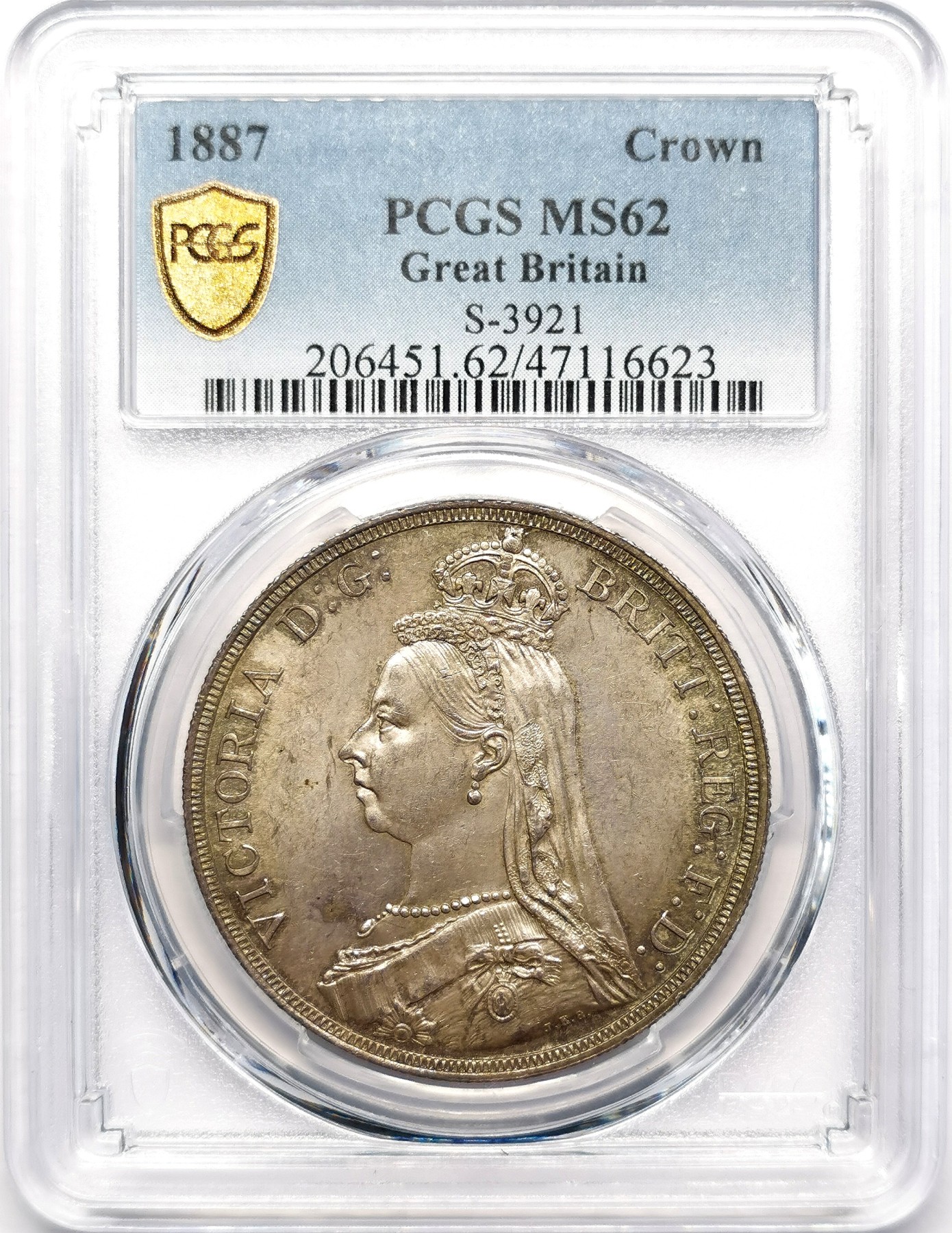 凡希万国世界钱币年度大拍第二季 PCGS MS62 1887年英国维多利亚马剑克朗大银 淡雅环彩