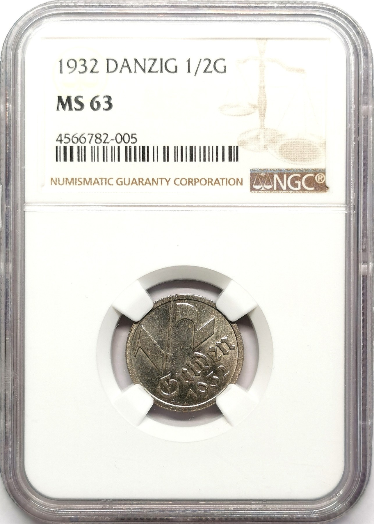 凡希万国世界钱币年度大拍第二季 NGC MS63 1932但泽自由港1/2盾镍币BU