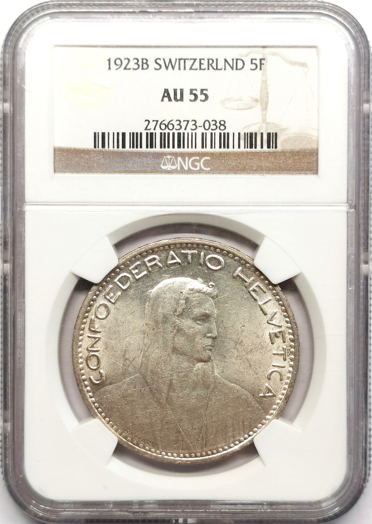 凡希万国世界钱币年度大拍第二季 NGC AU55 1923B瑞士5法郎大银