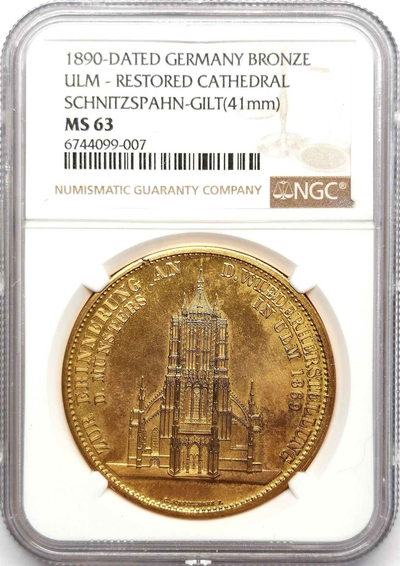 凡希万国世界钱币年度大拍第二季 NGC MS63 1890年德国符腾堡乌尔姆大教堂正式落成纪念镀金大铜章 世界最高教堂