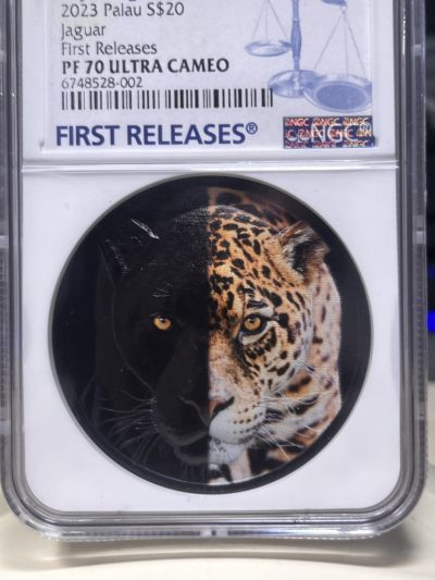 【海寧潮MT】帕劳2023年白天黑夜猎豹3盎司彩色黑曜石纪念银币NGC-PF70首期蓝标原盒证书