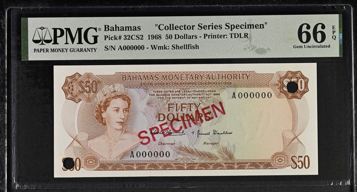 收藏联盟Quantum Auction 第315期拍卖  巴哈马1968年50元样票 PMG66 德纳罗彩背