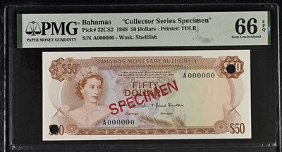 收藏联盟Quantum Auction 第315期拍卖  - 巴哈马1968年50元样票 PMG66 德纳罗彩背