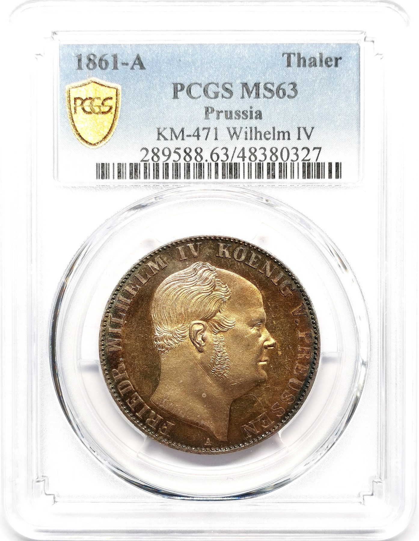 凡希万国世界钱币年度大拍第二季 PCGS MS63 1861年德国普鲁士威廉四世末年流通离冠鹰1泰勒 镜面金虹彩倒影包浆说明一切 人像与离冠鹰有明显的喷砂感 出品人是按PROOF购入 最终只给MS 