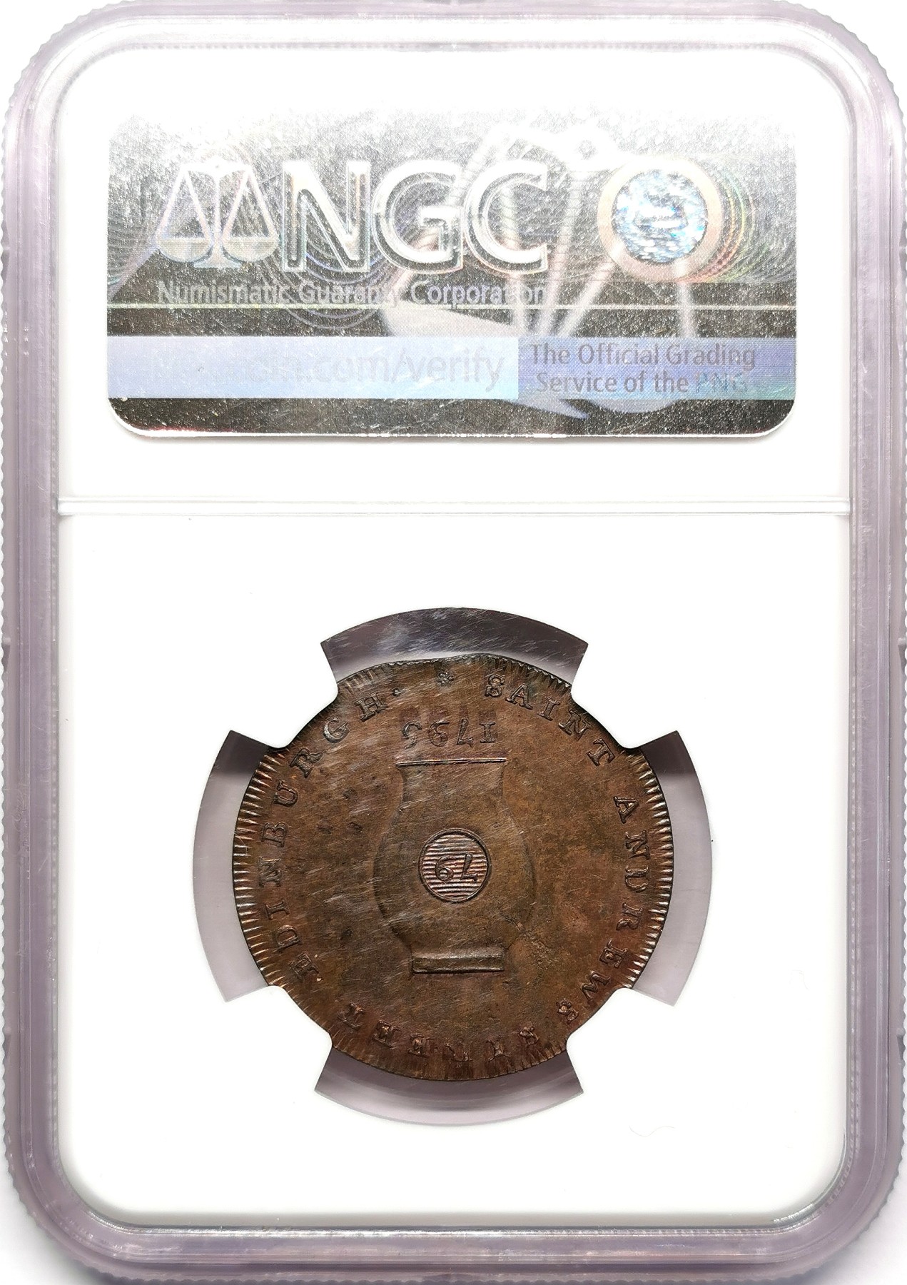 凡希万国世界钱币年度大拍第二季 NGC MS64BN 1795苏格兰Campbells鼻烟店1/2便士代用币 未用模具垫圈，稀见的模具错版！
