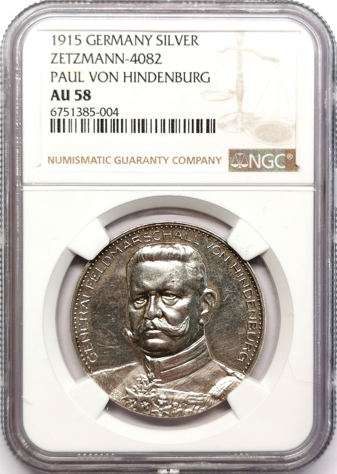凡希万国世界钱币年度大拍第二季 NGC AU58 1915年德国一战兴登堡坦能堡大捷纪念银章