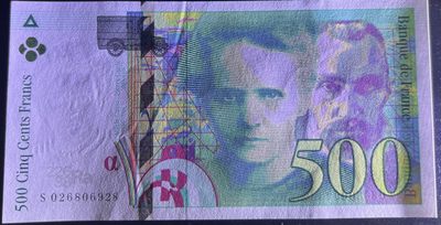 🌗乐淘淘世界纸币收藏拍卖 第36期🌓 【S 026806928】法国1994年纸币 500法郎 有折 无47