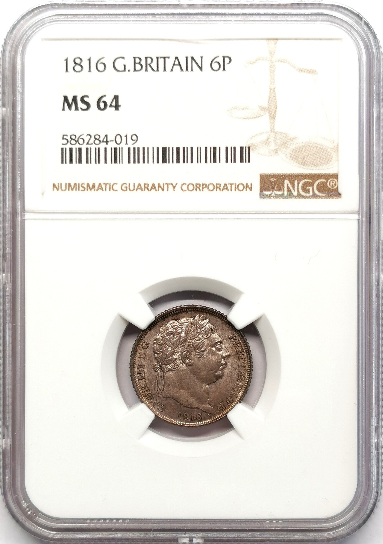 凡希万国世界钱币年度大拍第二季 NGC MS64 1816英国乔治三世牛头6便士 深包浆细节出色！
