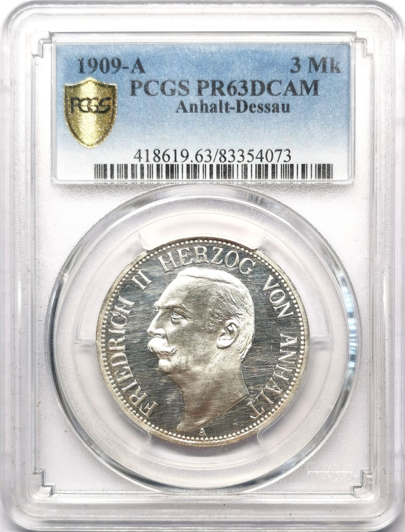 凡希万国世界钱币年度大拍第二季 PCGS PR63DCAM 1909年德国安哈特-德邵流通精致3马克 极致的深度精致镜面