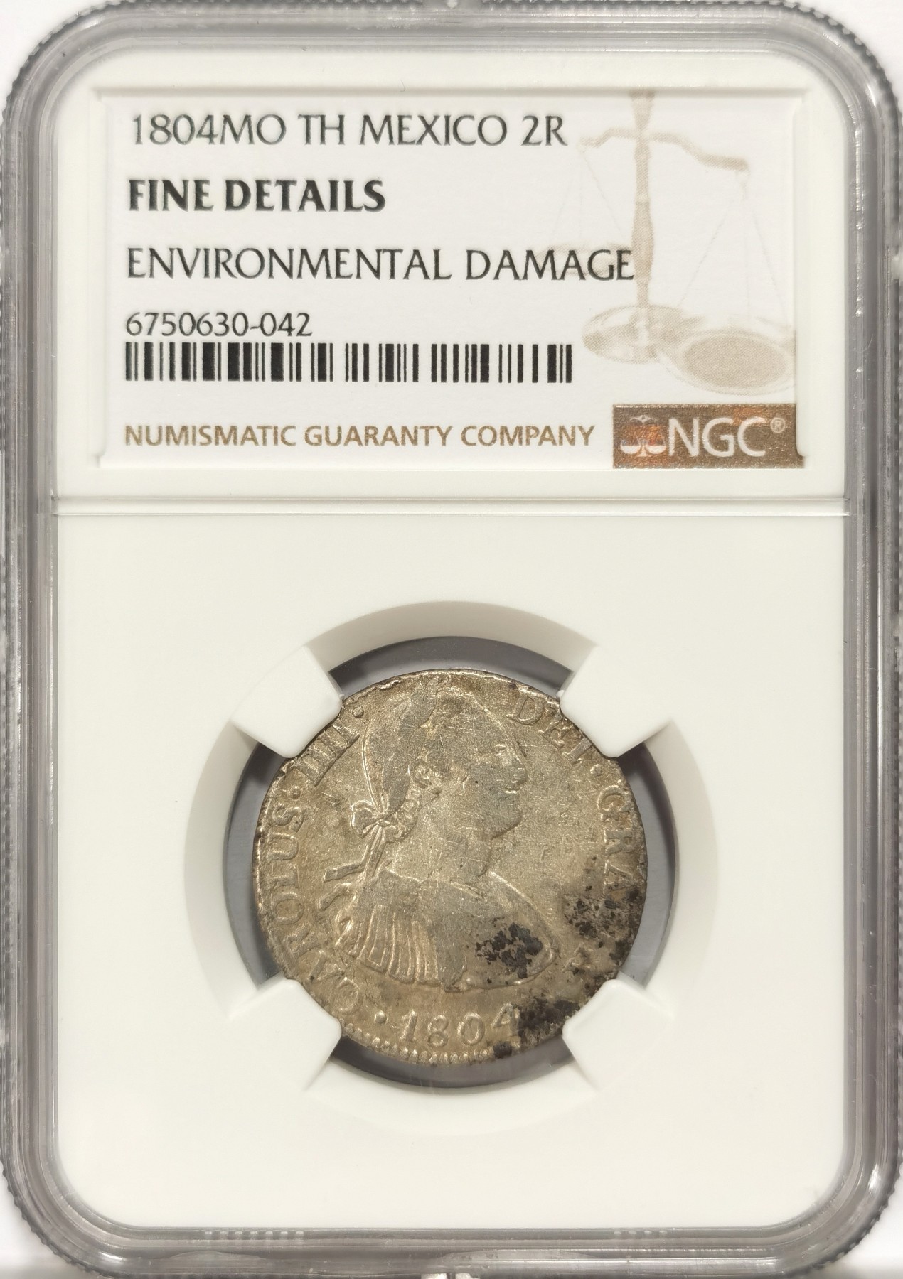 博洋堂世界钱币拍卖第058期（全场包邮） NGC Fine 西属墨西哥1804年MO TH卡洛斯四世双柱银币2R，少见2里亚尔