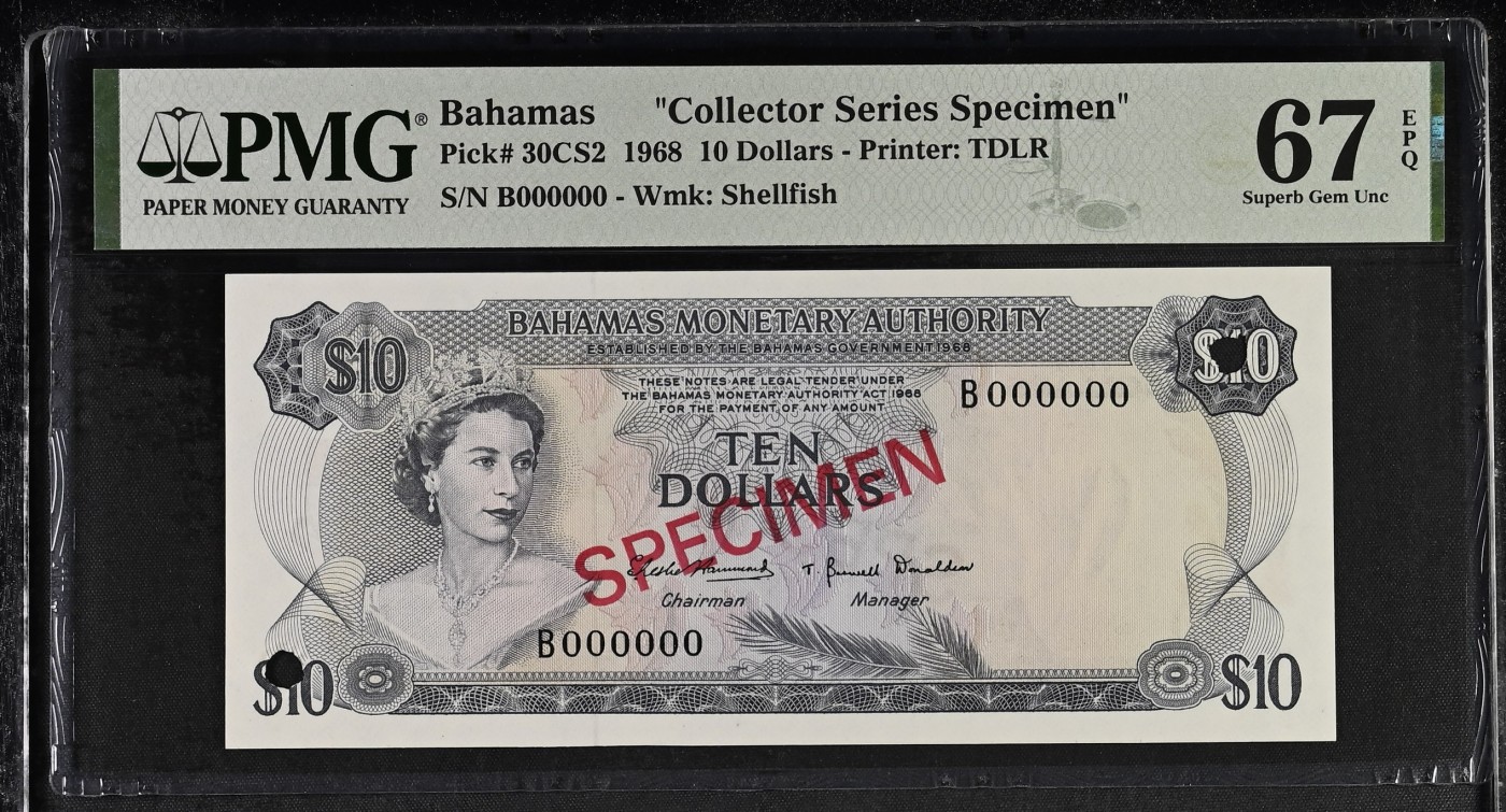 收藏联盟Quantum Auction 第315期拍卖  巴哈马1968年10元样票 PMG67  德纳罗彩背 