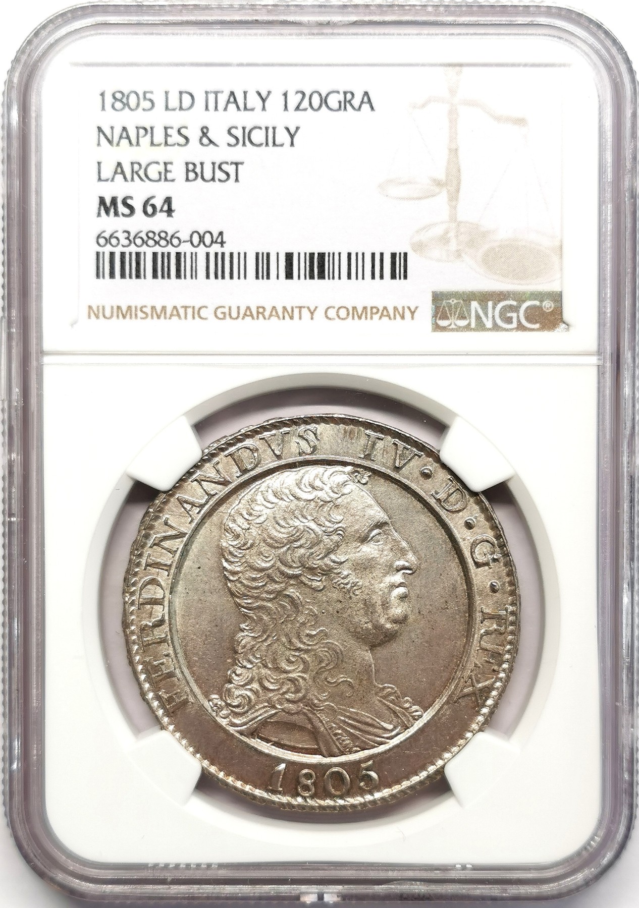 凡希万国世界钱币年度大拍第二季 稀！NGC MS64 1805那不勒斯与西西里费尔南德斯四世120G大银 罕见原色银光，一流的铸纹辨识度，真正压箱底品质！