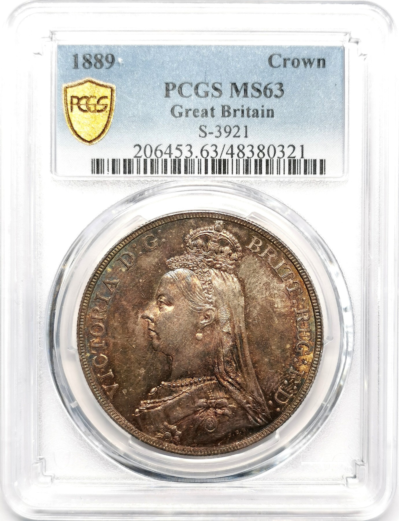 凡希万国世界钱币年度大拍第二季 PCGS MS63 1889年英国维多利亚马剑1克朗 双面幻彩