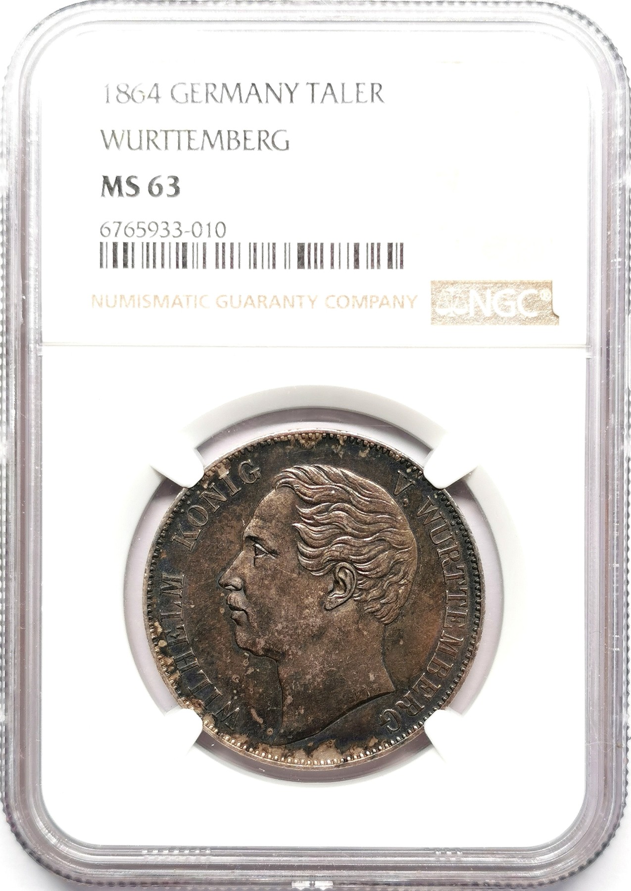 凡希万国世界钱币年度大拍第二季 荐！NGC MS63 1864年德国符腾堡经典狮鹿盾徽流通1泰勒 完美蓝金彩 符腾堡泰勒流通充分 好品极少 原味高分带彩的绝对是一枚难求
