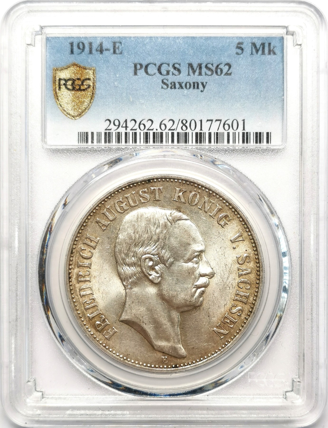 凡希万国世界钱币年度大拍第二季 PCGS MS62 1914德国萨克森流通5马克 原味转光