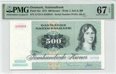 小福收藏拍卖第147期 评级币精选场 本期有法国果园  丹麦首发年 A1冠大蜥蜴  比利时大蜻蜓 意大利提香 阿尔及利亚45年50法朗冠军分 瑞士马丁割袍 越南劝降券 德国明斯特首版克拉拉  墨西哥 丹麦 卢森堡等各种高分珍稀老钞精品 - 丹麦 1972年 500克朗 大蜥蜴 罕见首发年 A1冠  A-A 无47 尾8 PMG67 EPQ 亚军分