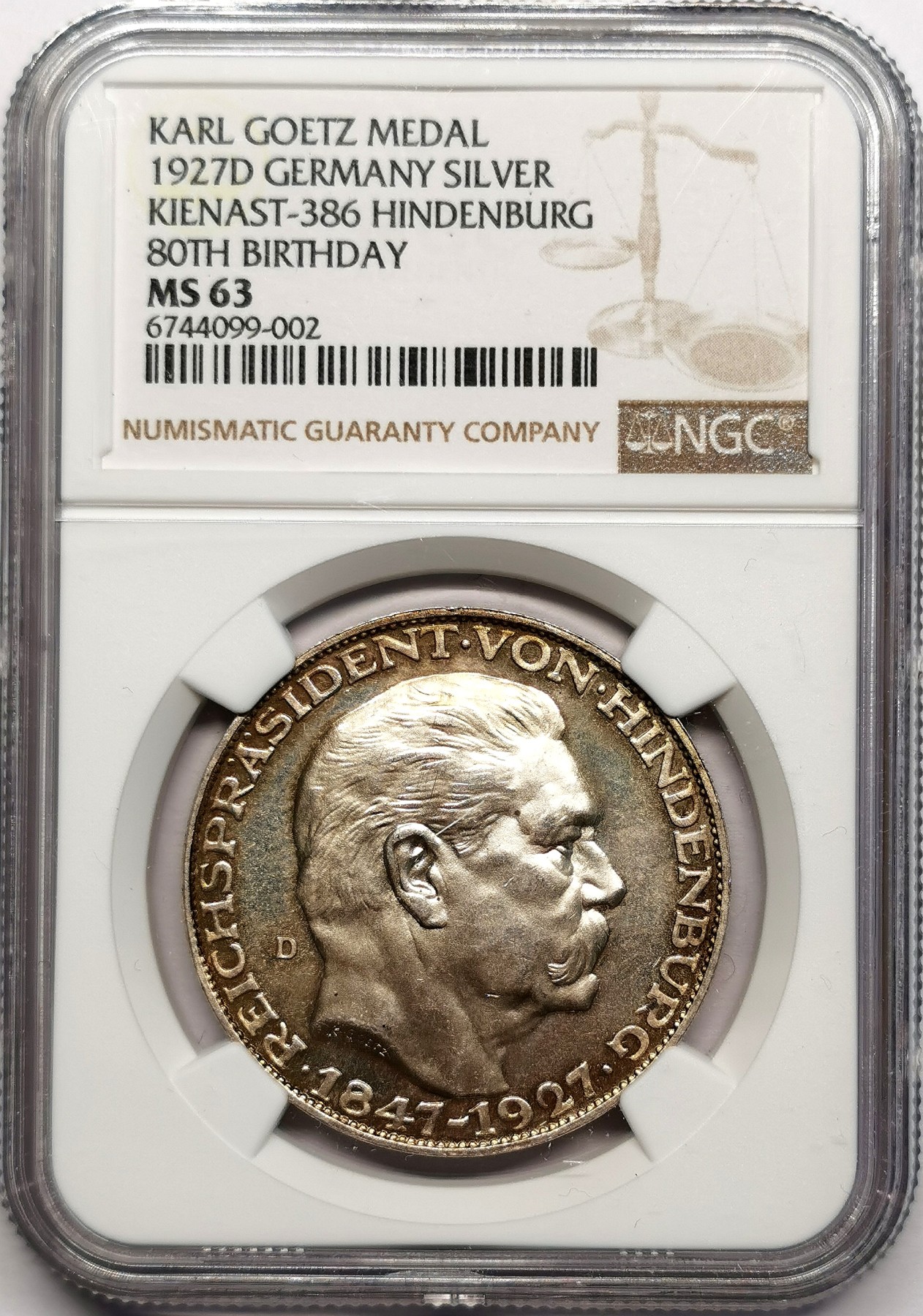凡希万国世界钱币年度大拍第二季 NGC MS63 1927年德国魏玛兴登堡总统80大寿纪念流通5马克币章
